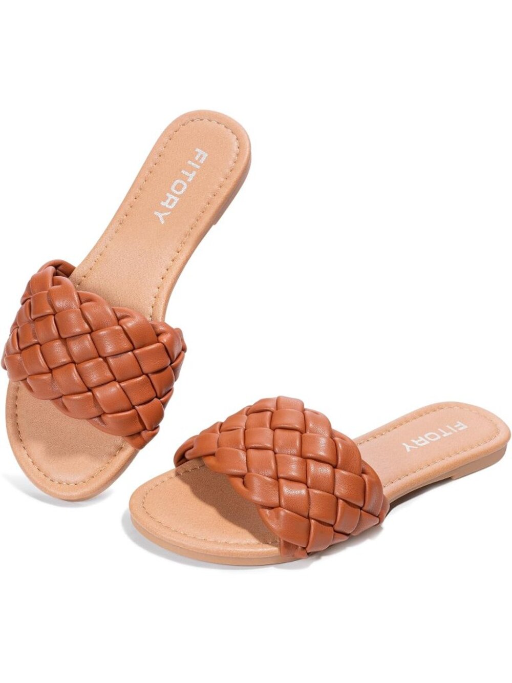 Women's Brown Fashion Round Open Toe Slip On Braided Strap Slide Slippers